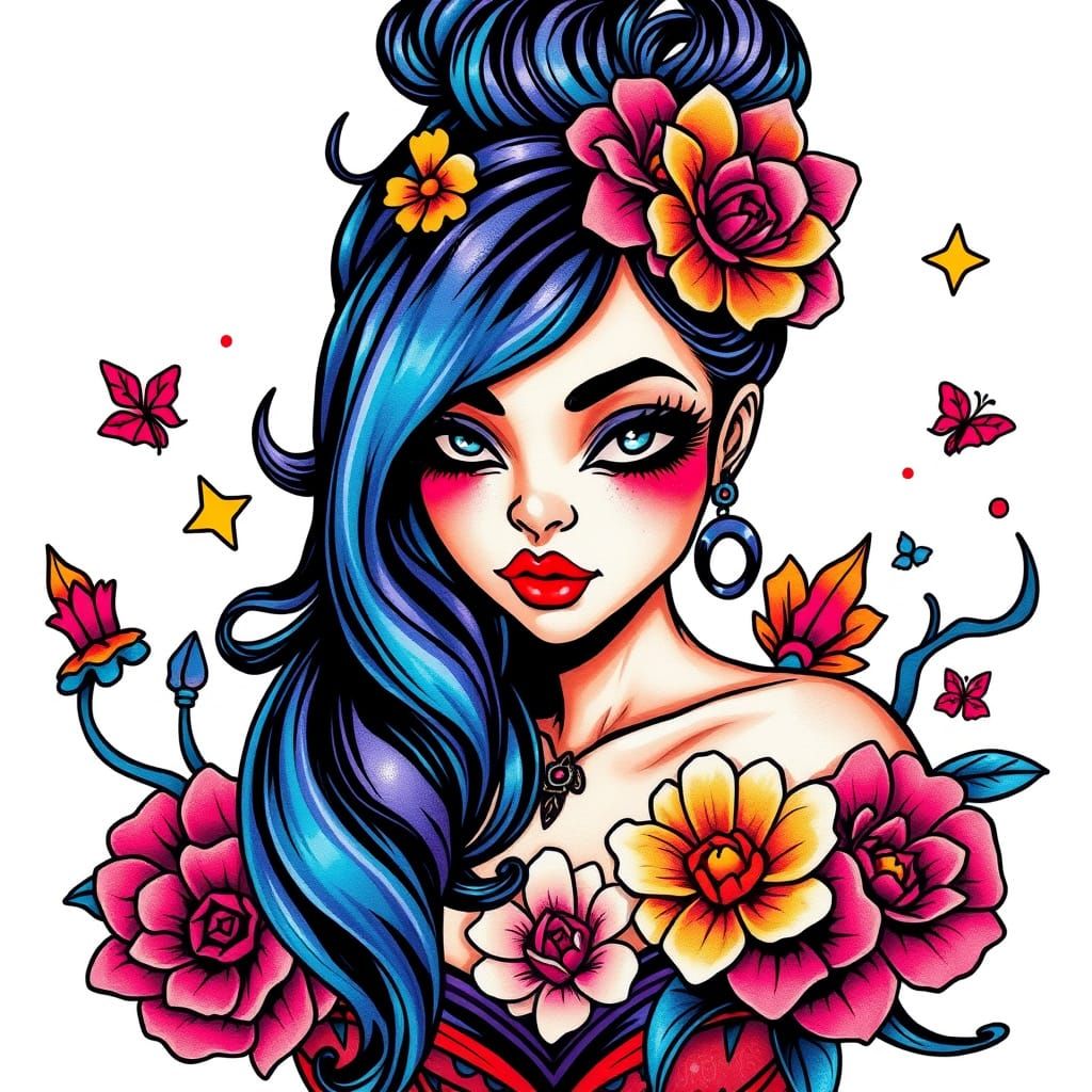 Vibrant Tattoo Flash Art in Mixed Media Style