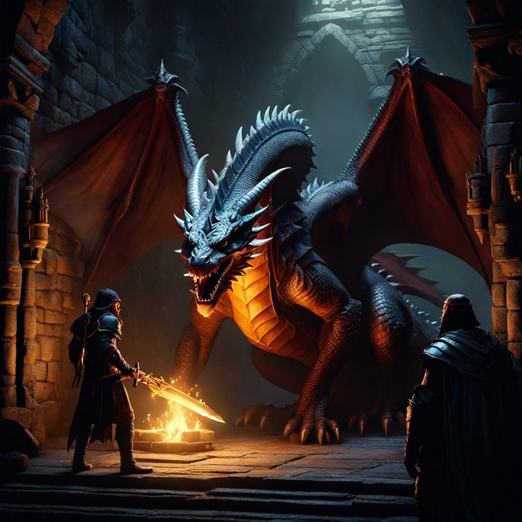 Dragon Surprises Adventurer: Dark Fantasy Art