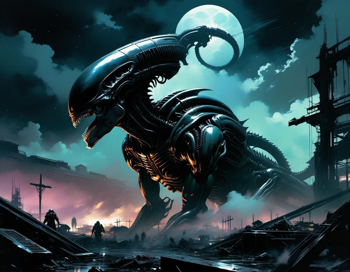 Xenomorph in Apocalyptic Graveyard, Digital Illustration