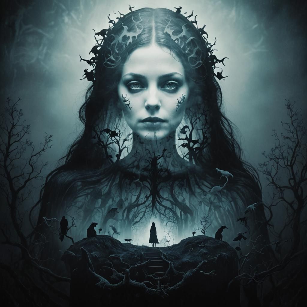 Ethereal Double Exposure: Gothic Silhouette and Magical Crea...