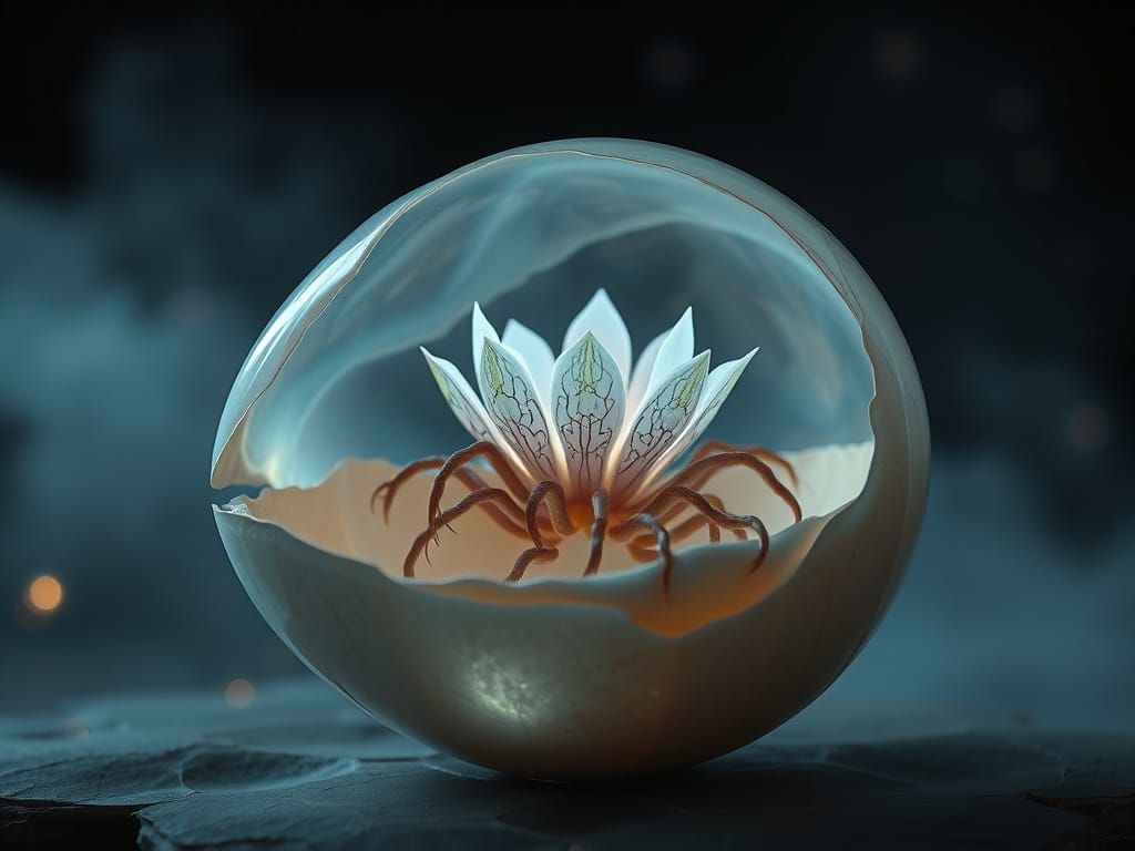 Ethereal Creature Unfurls in Glowing Eggshell