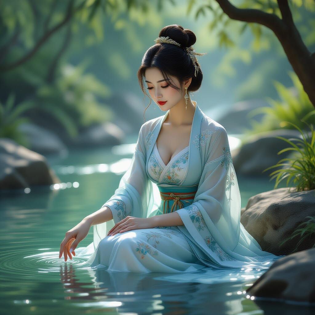 Elegant Asian Lady by Stream, Detailed Concept Art