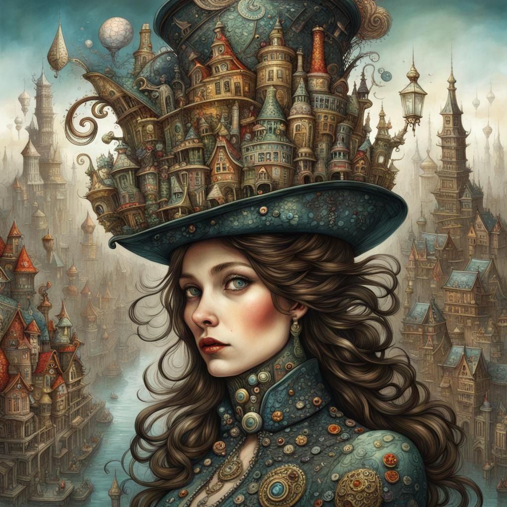 Woman's Cityscape Top Hat: Detailed Fantasy Art