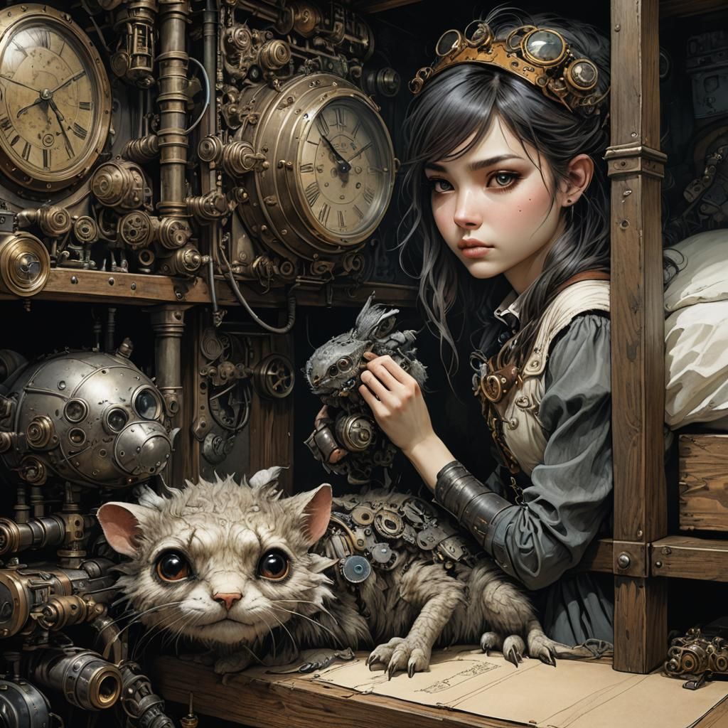Girl Finds Furry Creature: Steampunk Charcoal Portrait