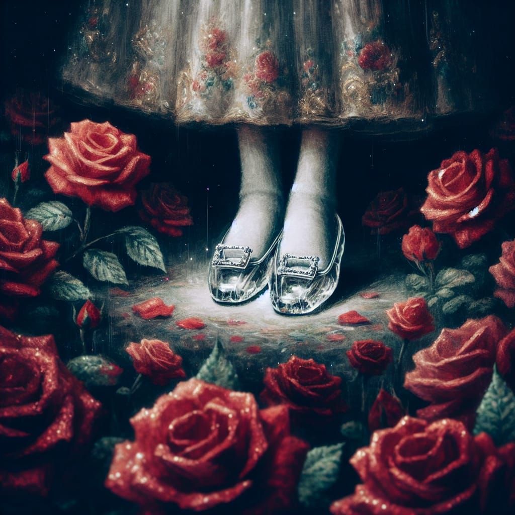 Princess in Crystal Slippers Among Red Roses