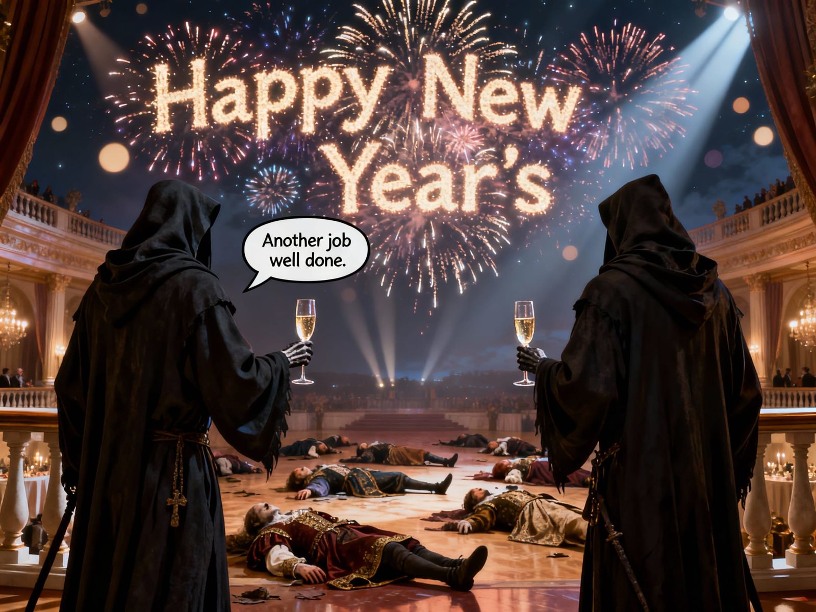 Grim Reapers Toast New Year Fireworks Over Fallen Ball