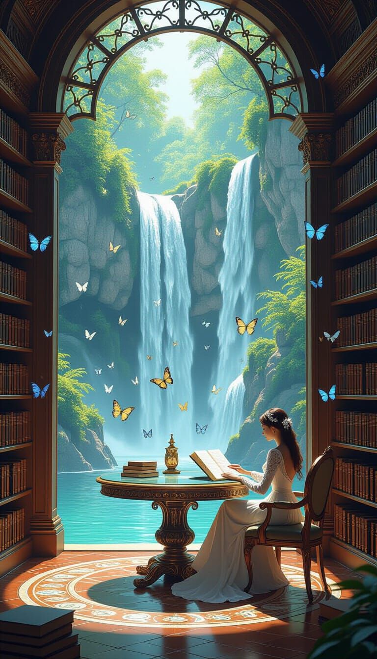 Waterfall Library with Butterfly-Wing Books