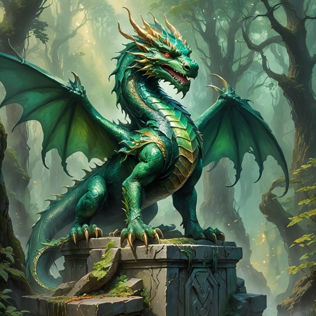 Emerald Dragon on Stone Pedestal in Oil Painting Style