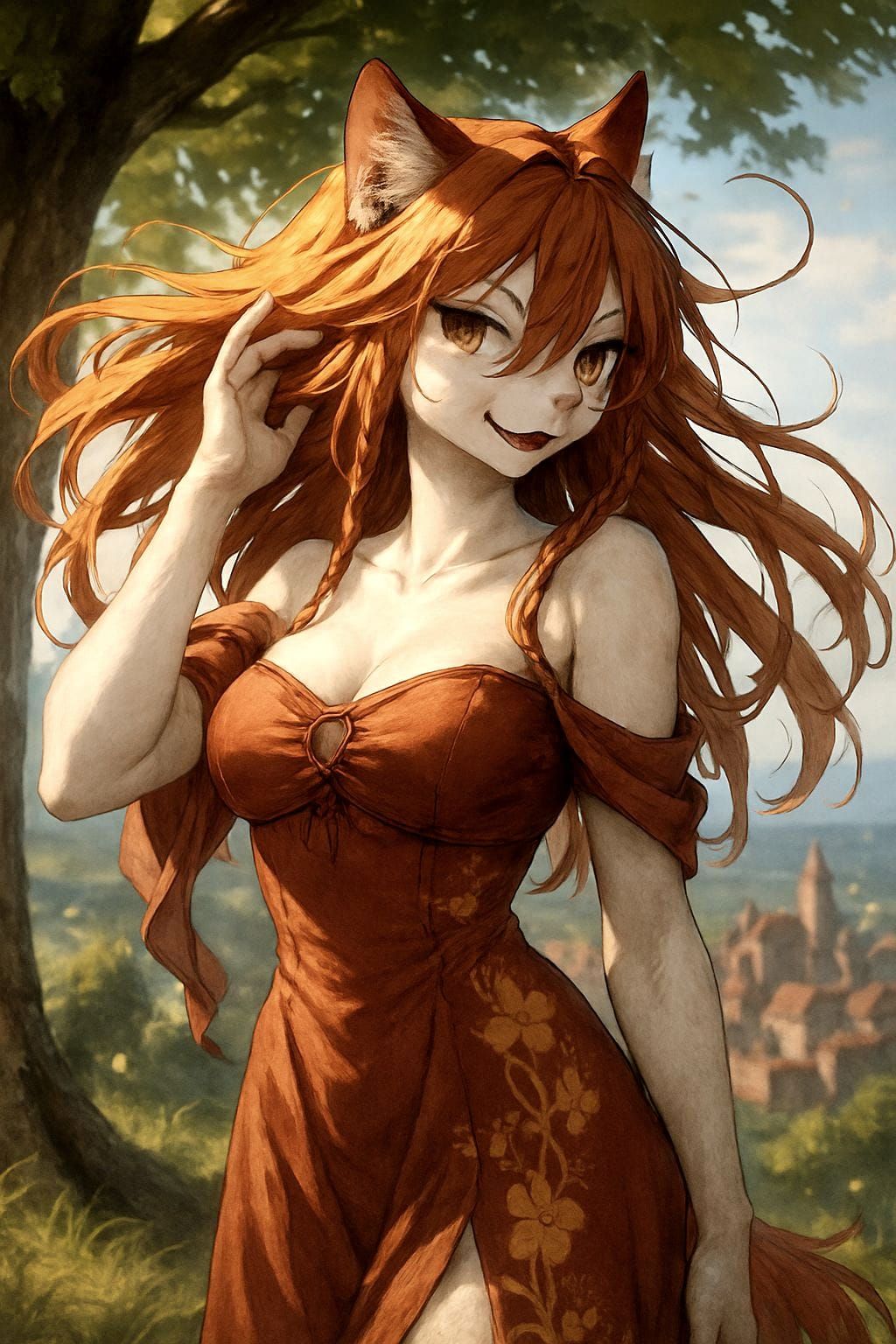 Anime Cat Girl Overlooking Medieval Cityscape