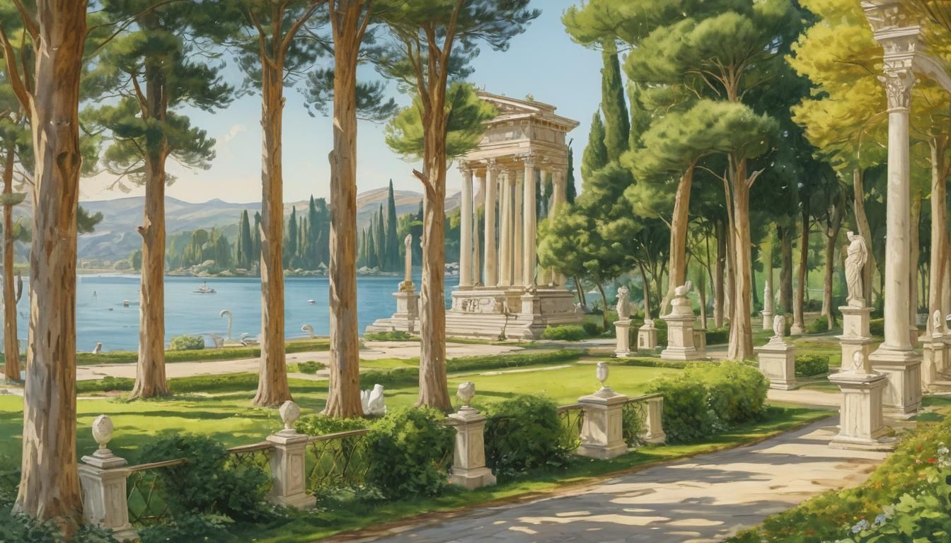 Seaside Park with Roman Temple in Watercolor Style