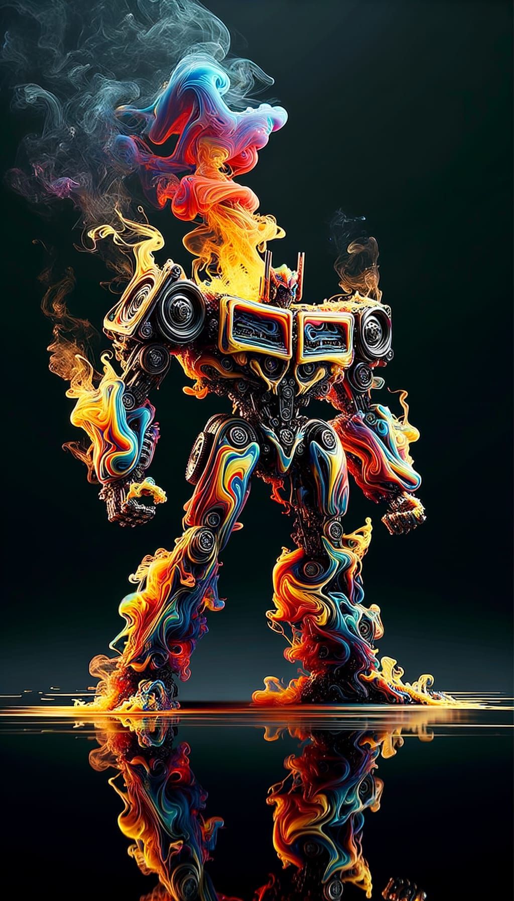 Elemental Transformer Made of Smoke, Flames and Ferrofluids