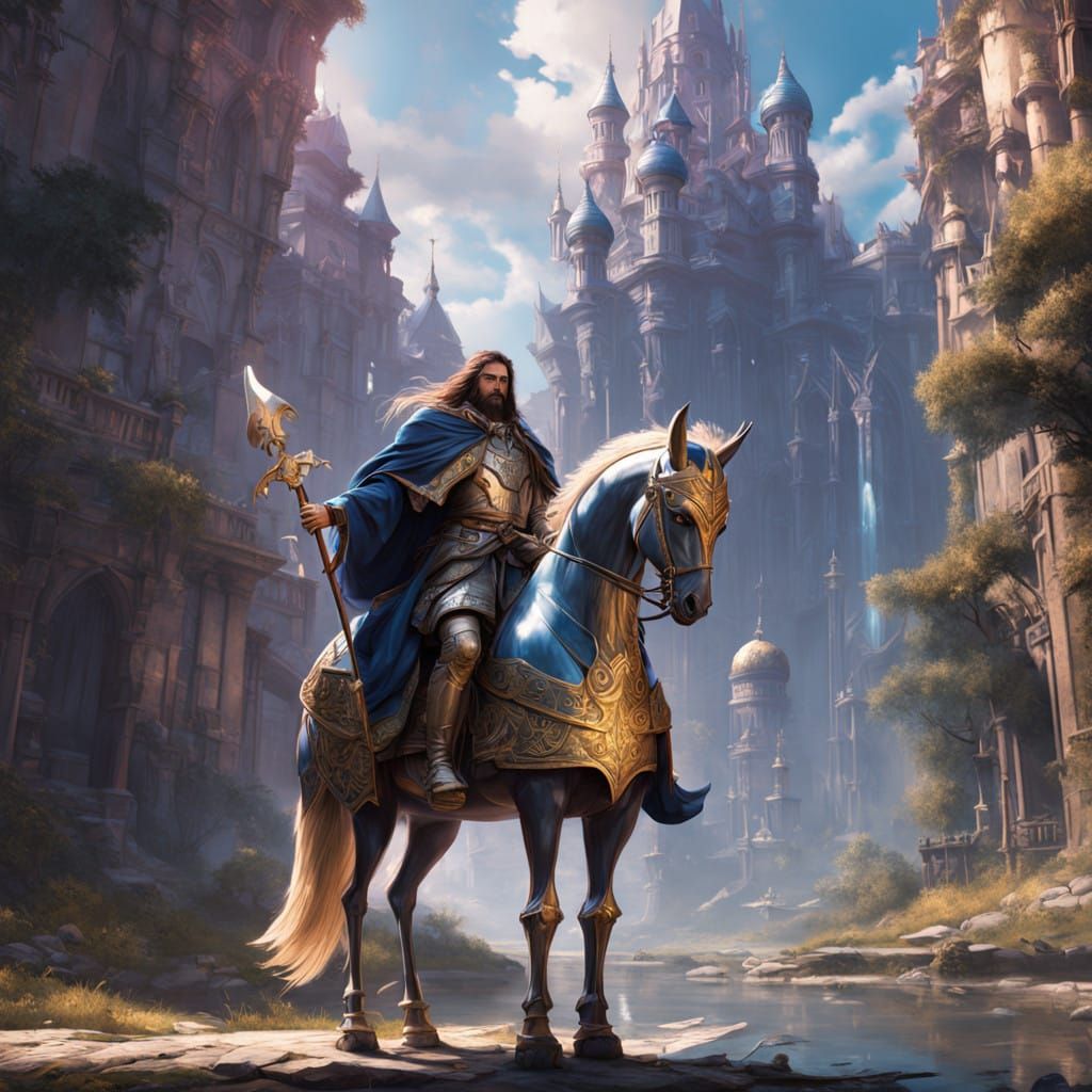 Regal Jewish Jesus in Golden Armor Rides War Horse with Radi...