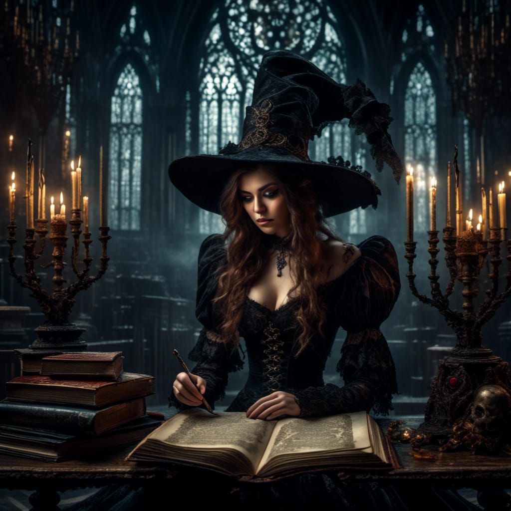 Young Witch Reading Grimoire in Ornate Library