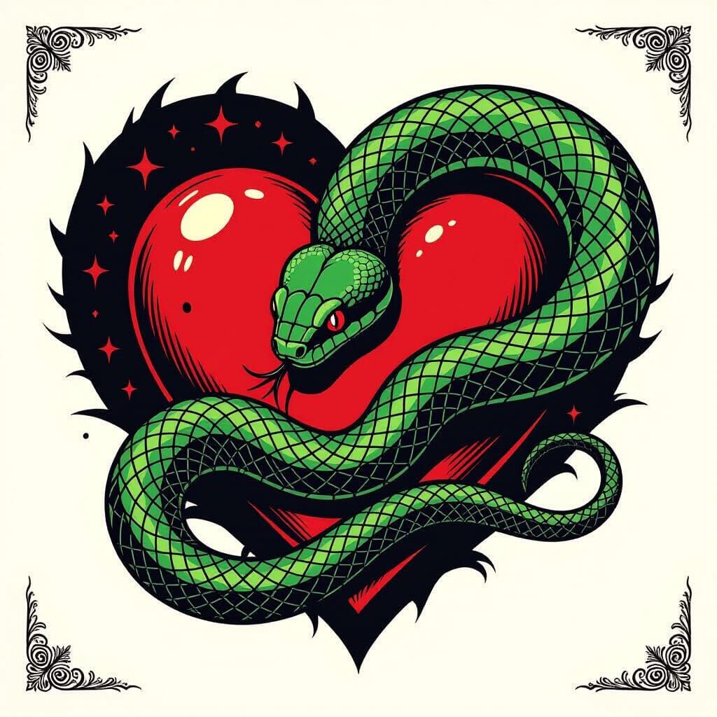 Viper Coiled Around Heart in Graphic Novel Style