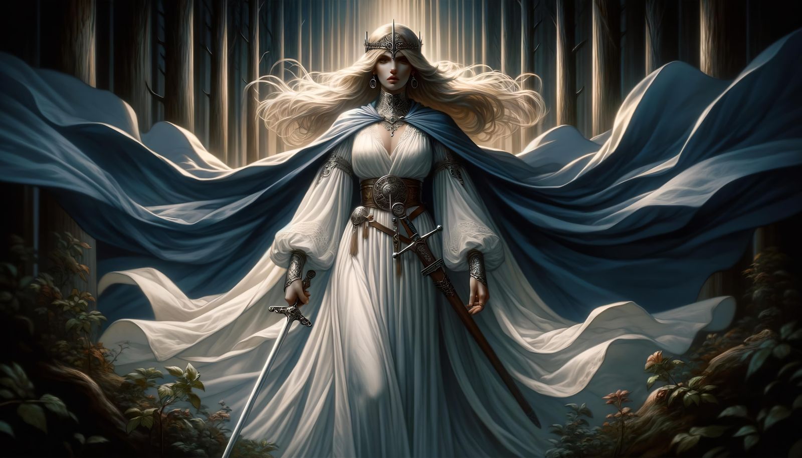 Regal Woman with Sword in Forest