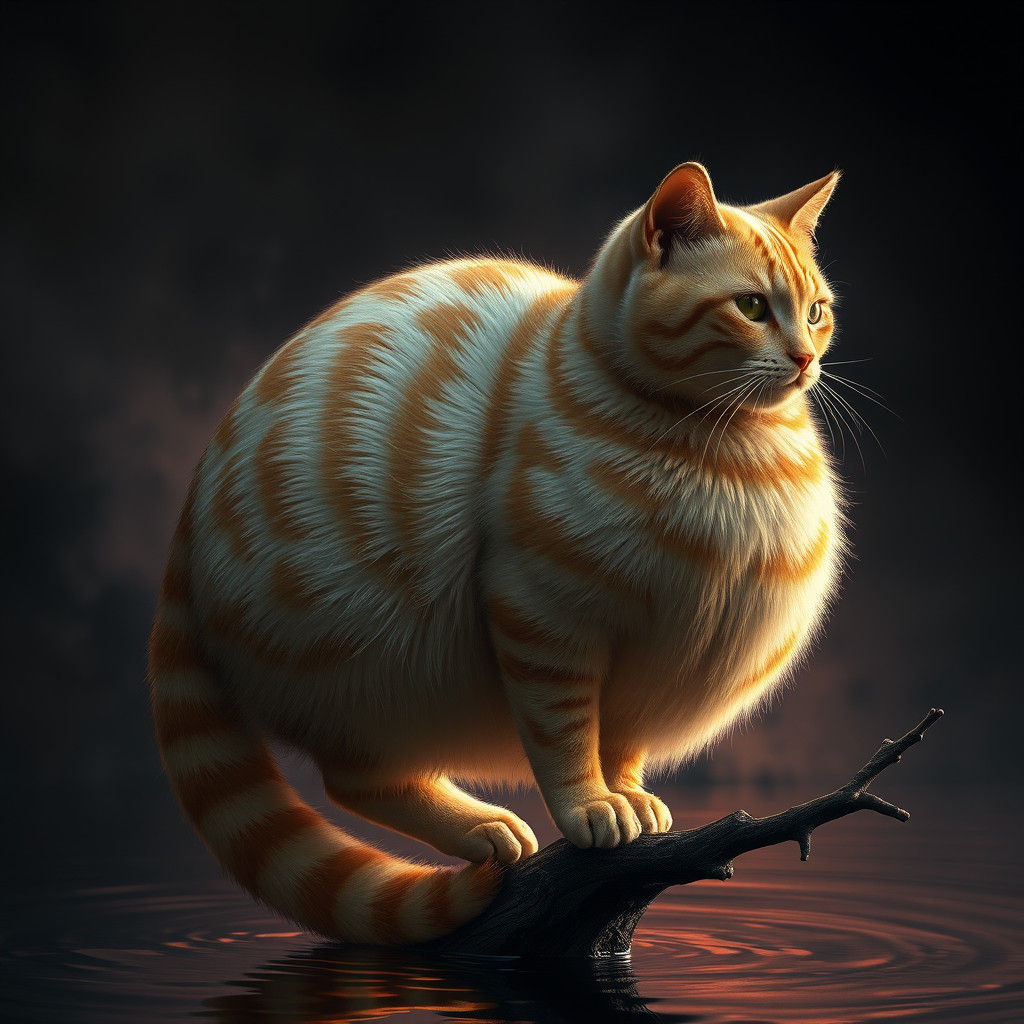 Hyperrealistic Striped Cat Balancing Act in Splash Art