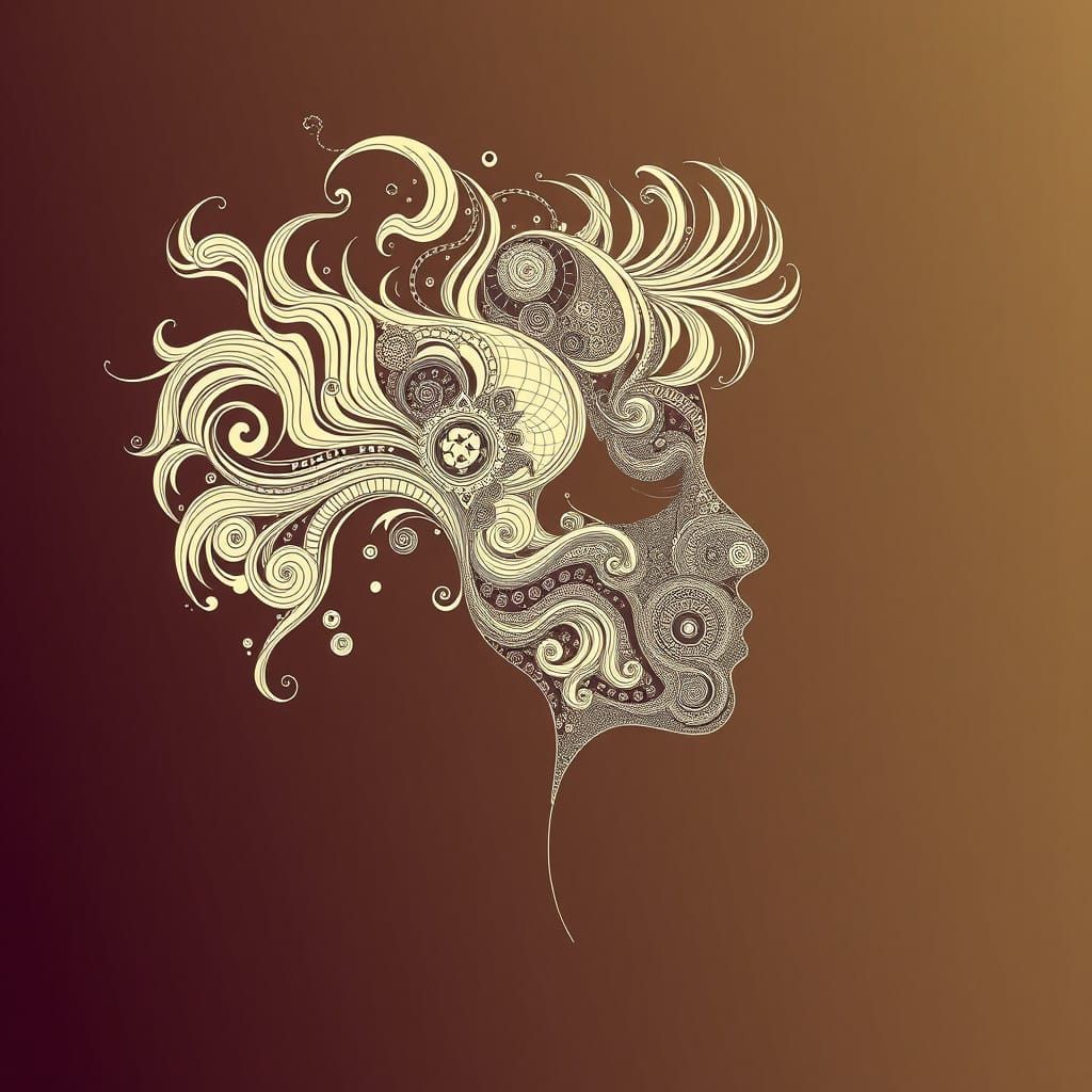 Surreal Young Woman's Profile with Musical Hair in Abstract...