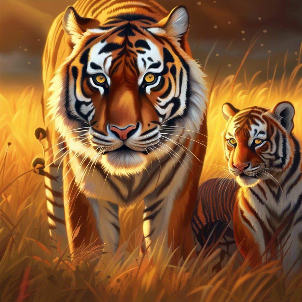 Tiger and Cub on Golden African Plains