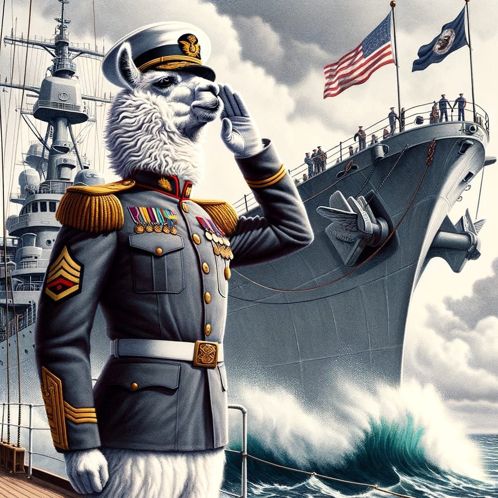 Llama Marine Officer Salutes on Navy Ship