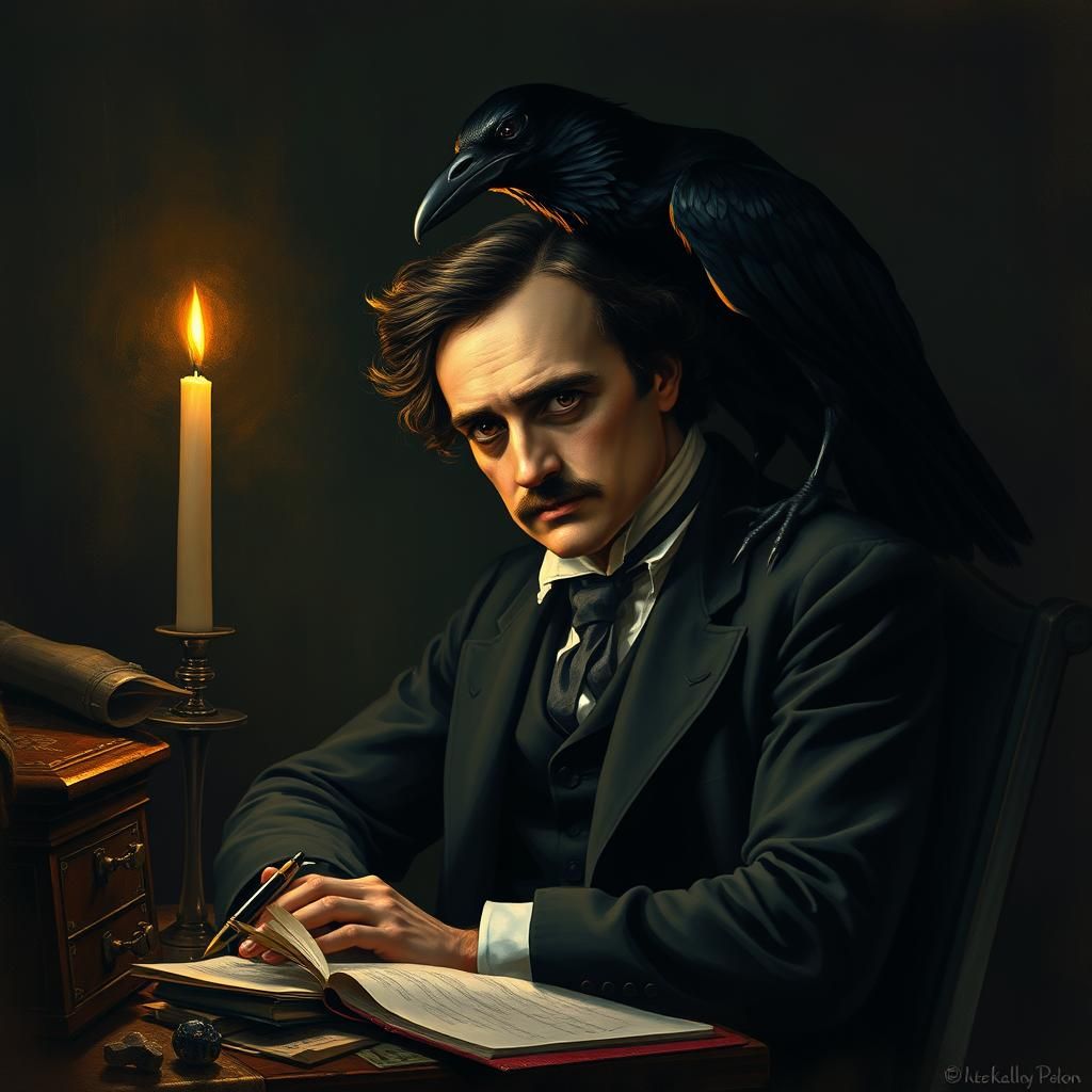 Edgar Allan Poe Portrait with Raven in Gothic Horror Style
