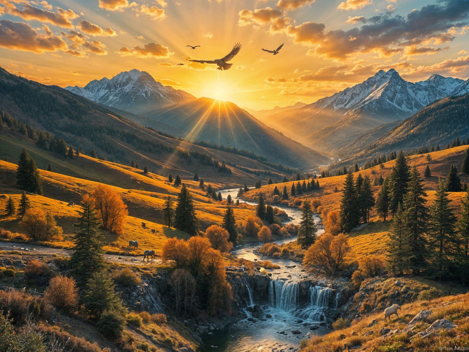 Epic Evening Landscape with Rolling Hills and Mountains