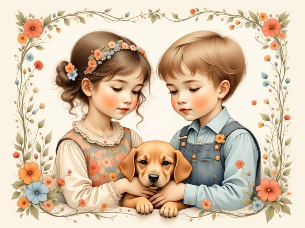 Cute Toddler Siblings and Their Dog in a Whimsical Illustrat...