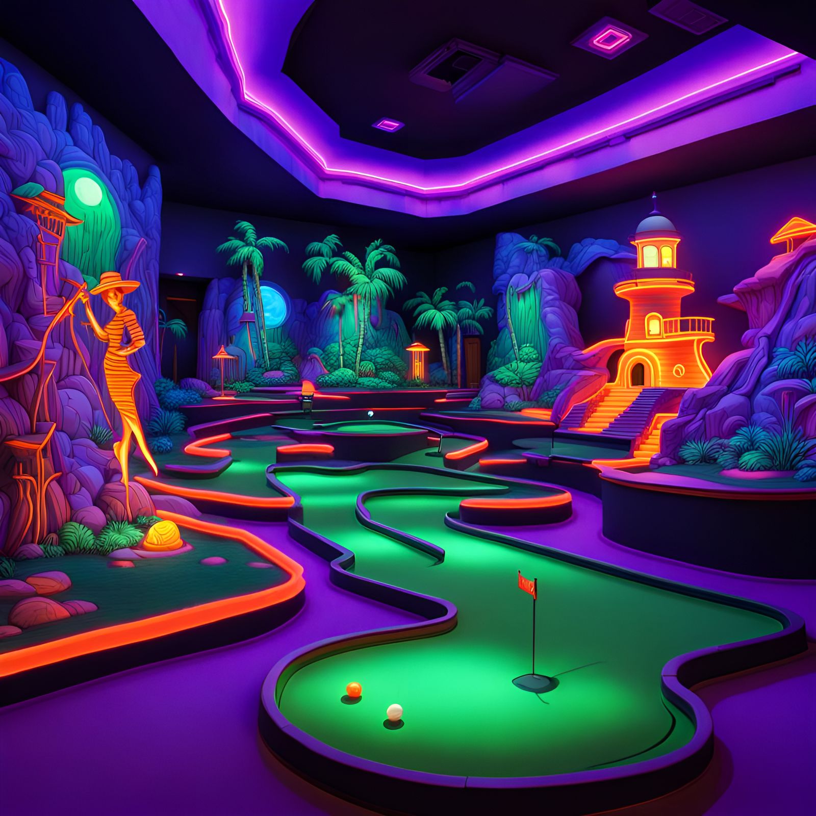 Black Light Miniature Golf Adventure in Hyperrealistic Style