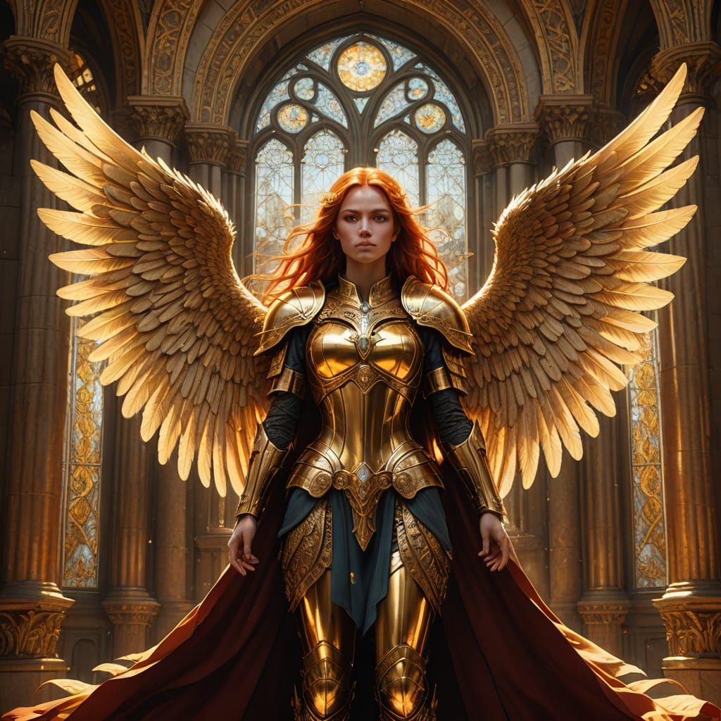 Regal Angel in Golden Armor and Wings