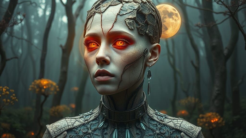 Dreamlike Transhumanist Woman in Warped Forest