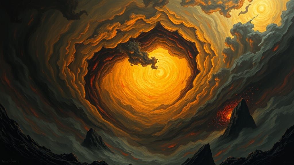 Fiery Vortex in Mystical Landscape as Impasto Painting