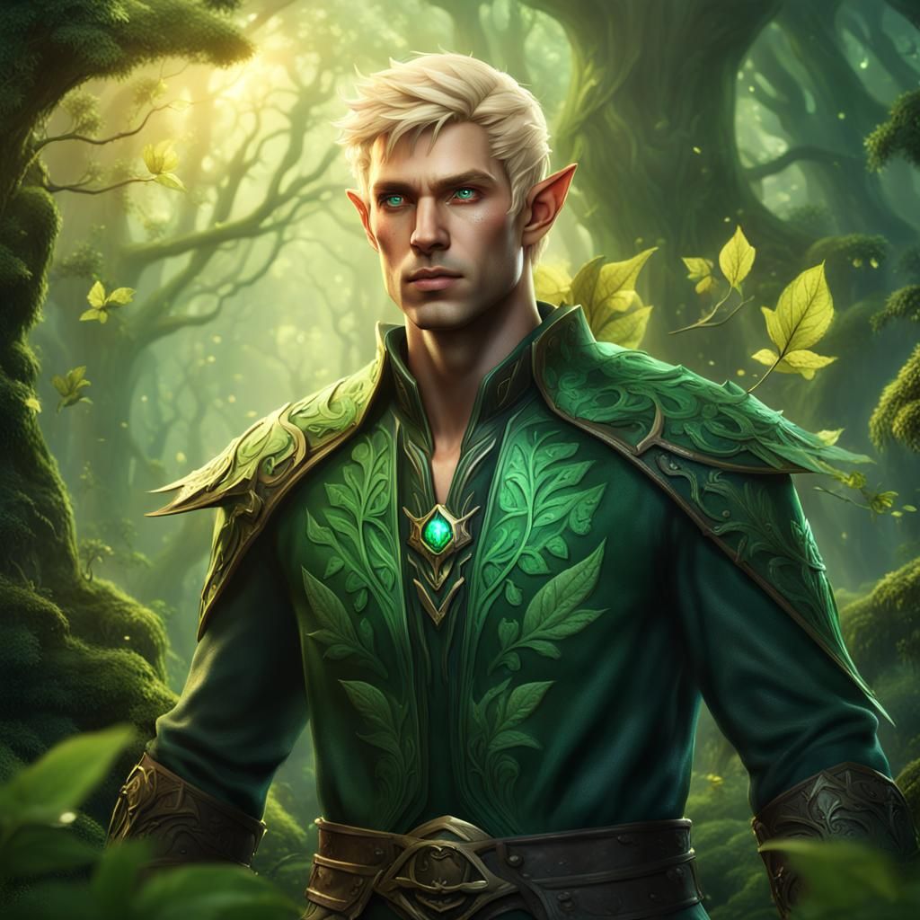 Handsome Elf in Magical Forest with Emerald Hue