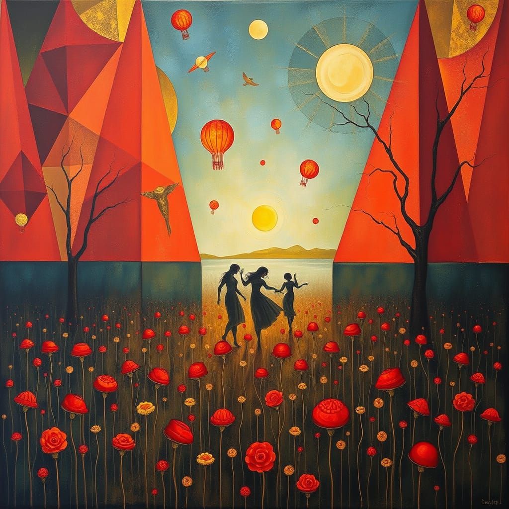 Surreal Celebration with Dancing Nymphs in Expressionist Sty...