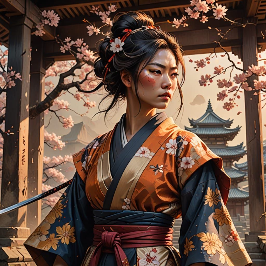 Surreal Female Samurai in Ruined Temple with Cherry Blossoms