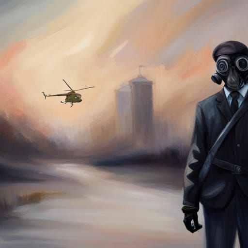 Apocalyptic Soldier with Helicopter: Oil Painting Style