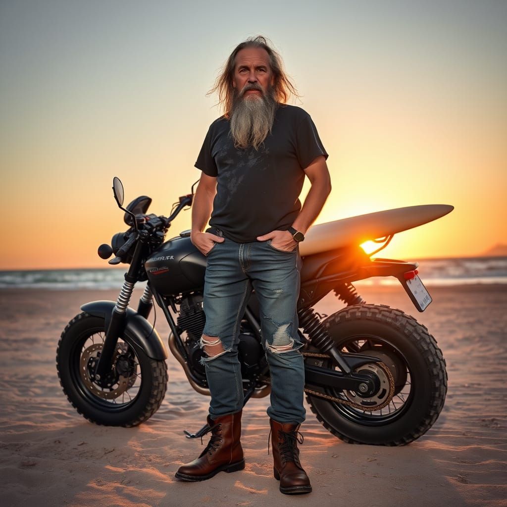 Rugged Biker Stands Proud with Custom 4x4 Motorcycle on Beac...