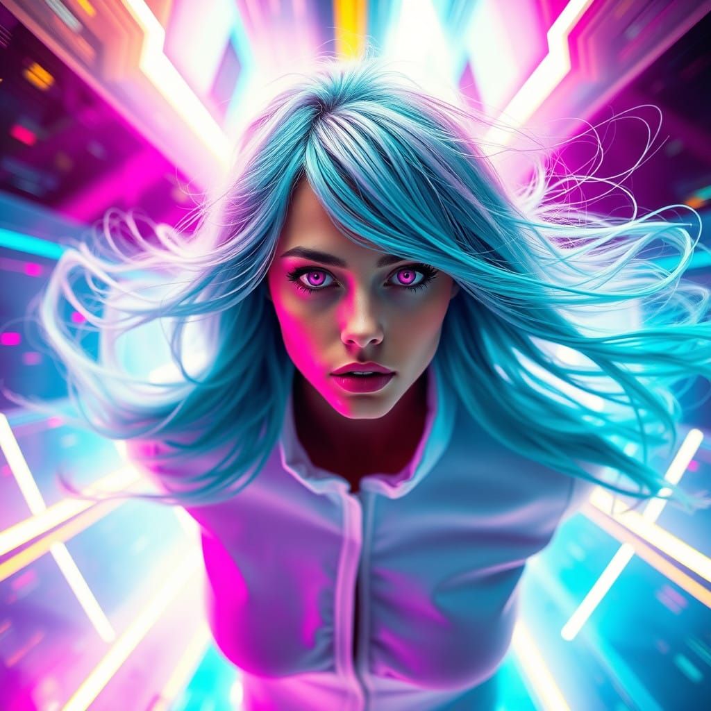 Woman with glowing pink eyes and flowing teal hair