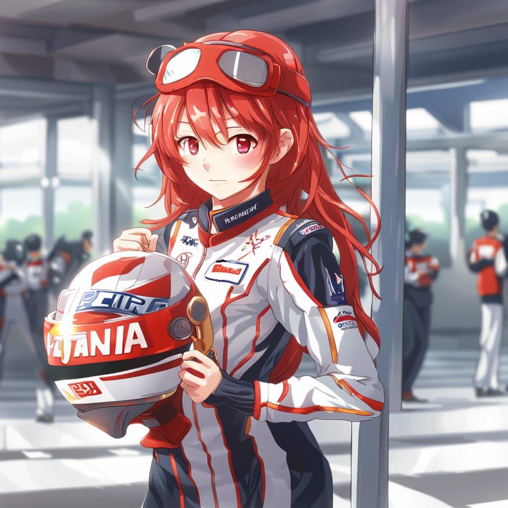 Anime Girl in Racing Uniform with Trophy