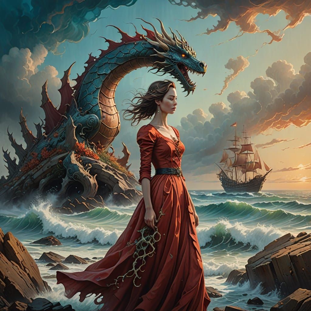 Surrealist Seaside Goddess in Vibrant, Dreamlike Atmosphere