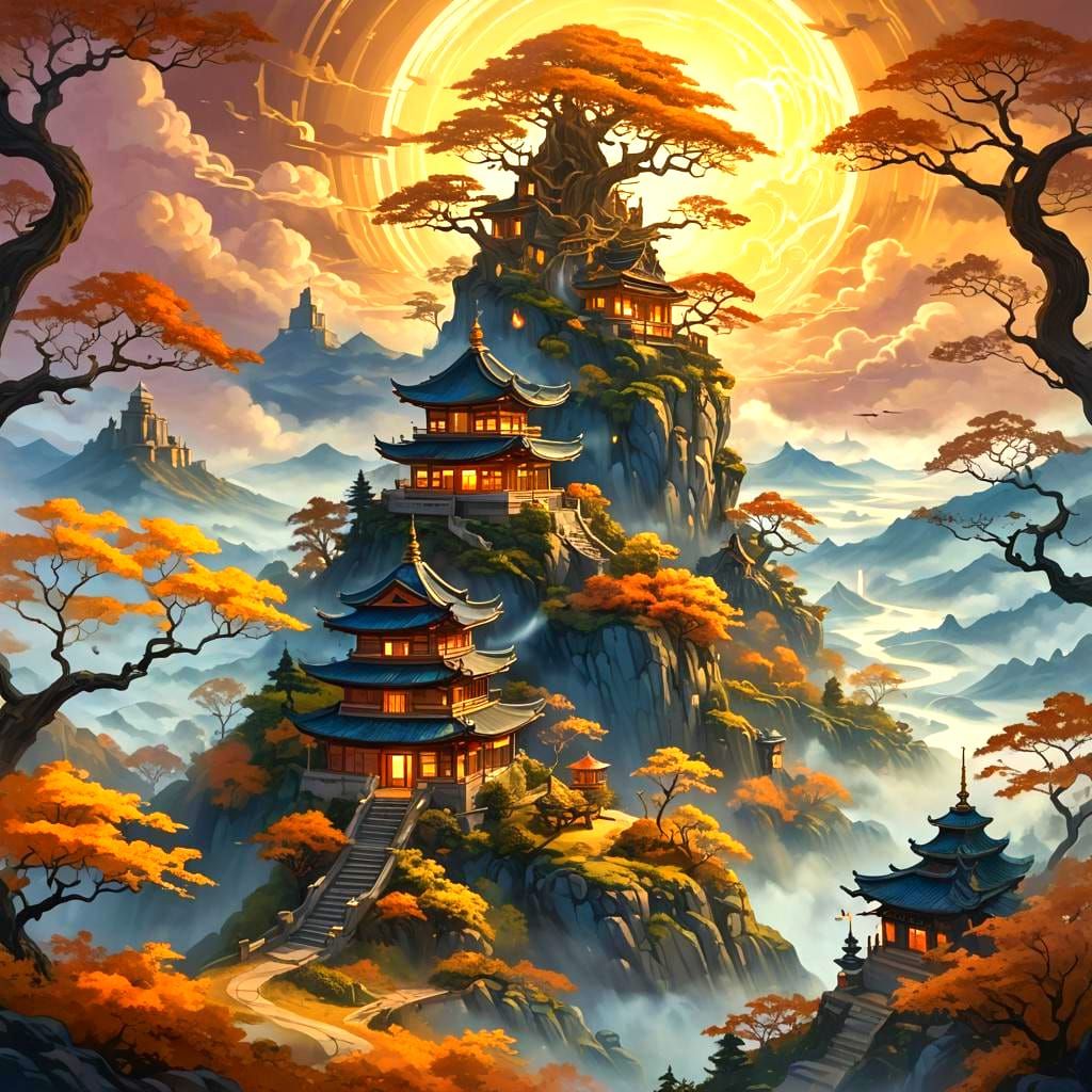 Mystical Pagoda in Fantasy Landscape Digital Painting