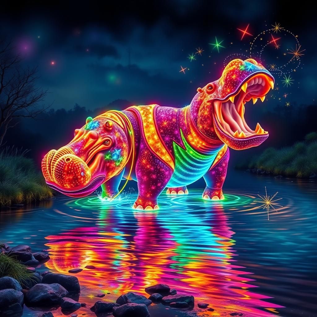 Luminous Hippopotamus on Crystal River: Airbrush Fantasy