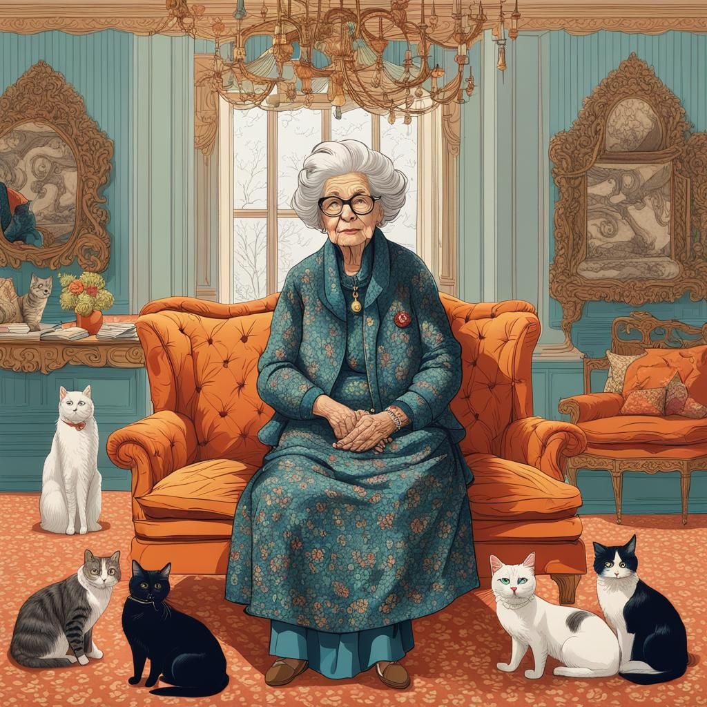 Hyperrealistic Old Woman with Cats in Extravagant Home