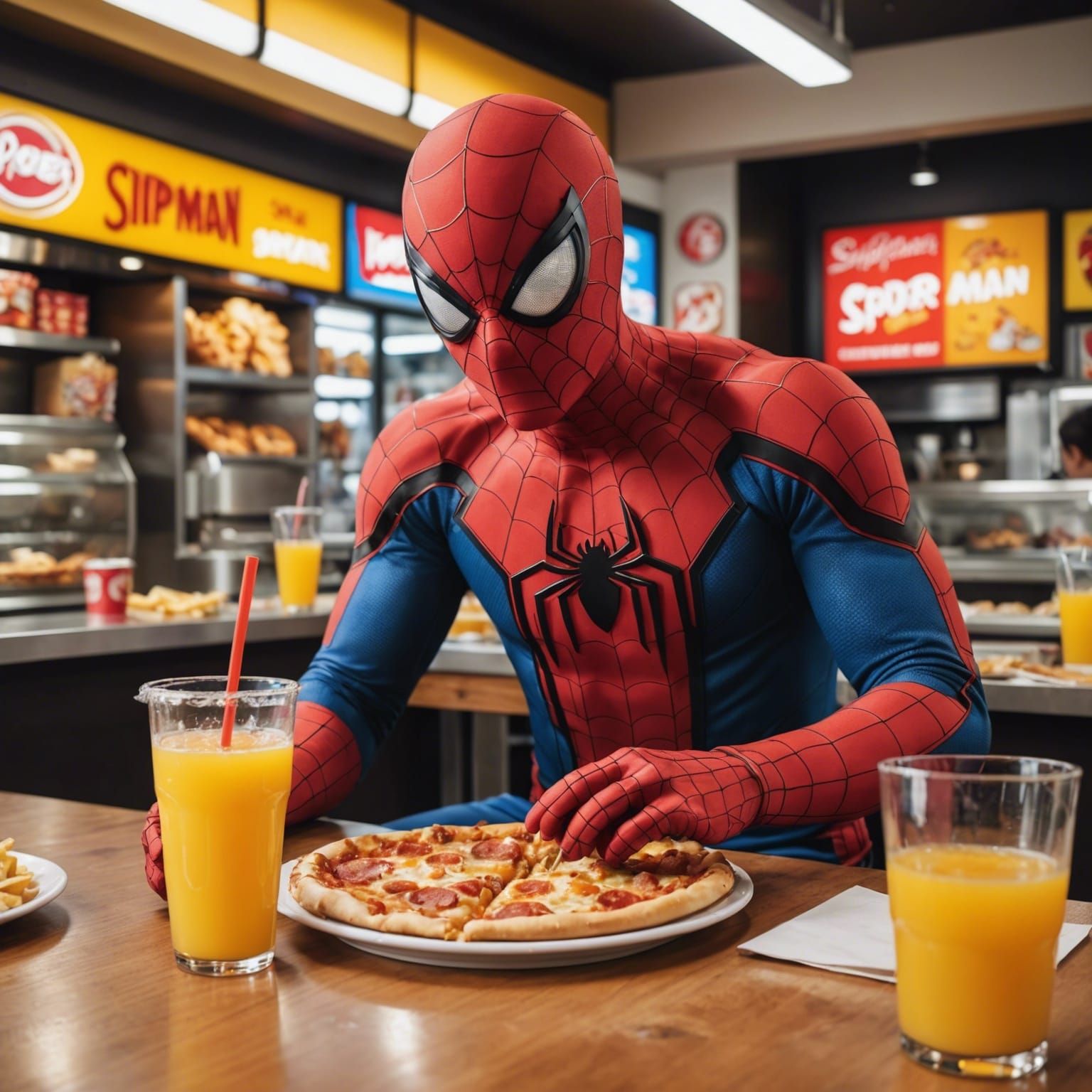Spider-Man's Fast Food Feast in a Restaurant