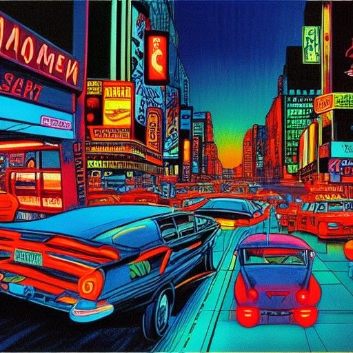 City Traffic at Twilight in Comic Book Art