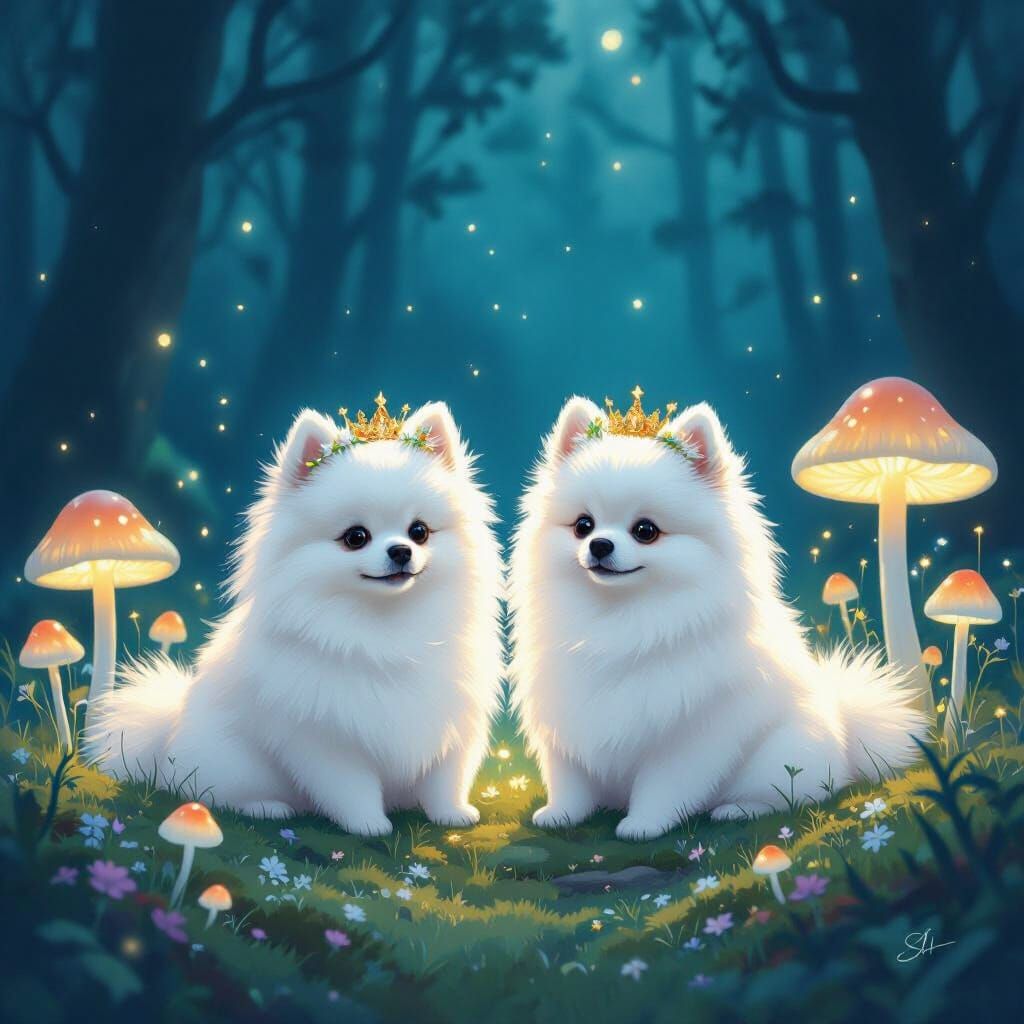 Whimsical Pomeranians in Glowing Mushroom Forest