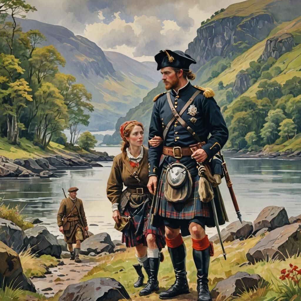 Scottish Soldier and Lady Lass in Gouache Style