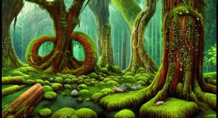 Enchanted Forest Landscape with Giant Mushrooms