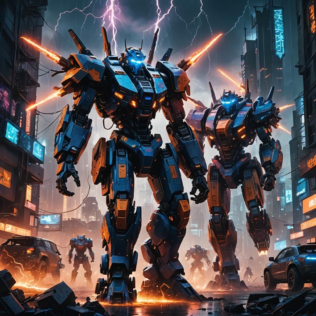 Epic Mecha Battle in Cyberpunk Cityscape