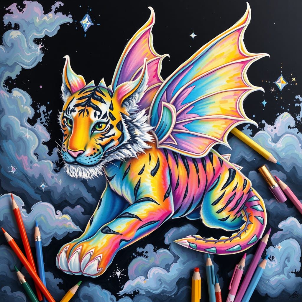 Majestic Fairy Dragon Tiger in a Whirlwind of Prismatic Rain...