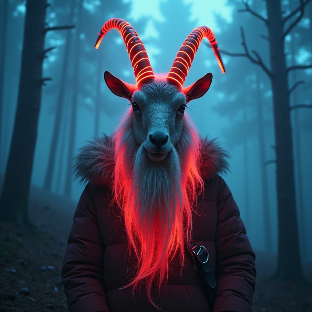 Neon Billy Goat Gruff in Cinematic Forest