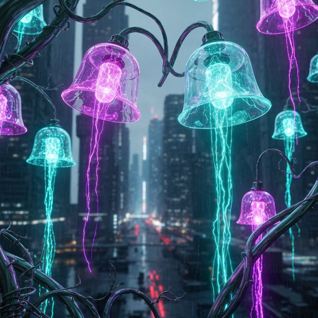 Glass Neon Bells Bloom on Metallic Vines in Futuristic City